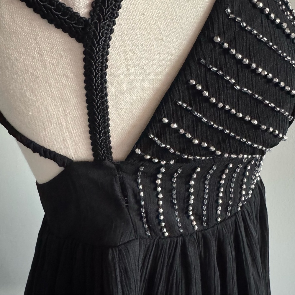 Zara Black Beaded Mini Dress Flowy Crepe Skirt V-Neck Size Small - Picture 6 of 10